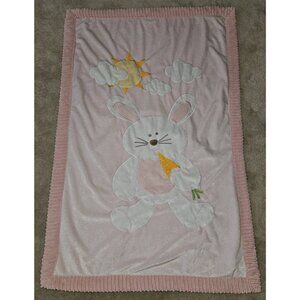 Little Miracles Bunny Rabbit Fleece Baby Blanket Pink Ribbed Trim Clouds Sun